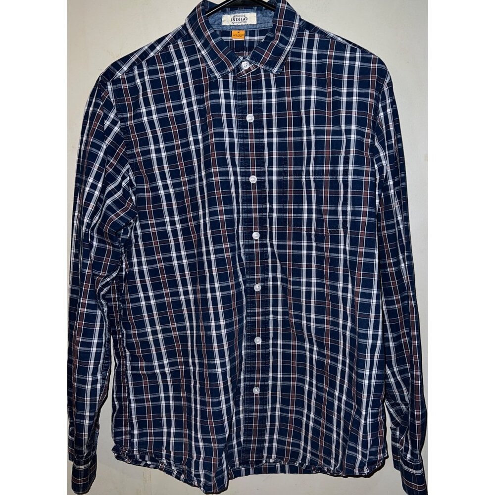 Authentic Indigo Men's Long Sleeve Plaid Shirt M 100% Cotton Blue & Red